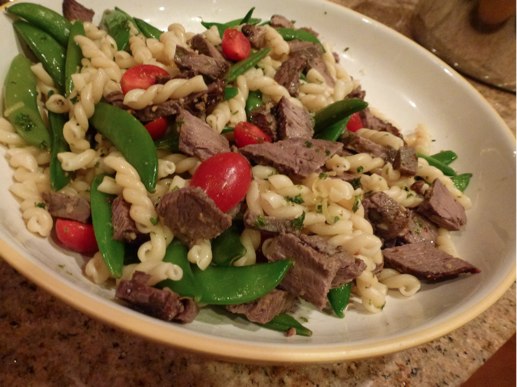 Sugar Snap Peas with Sirloin and Pasta Salad with Gremolata Dressing