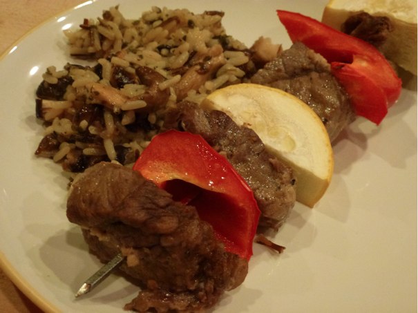 Dijon-Wine Steak Kabobs with Mushroom Wild Rice