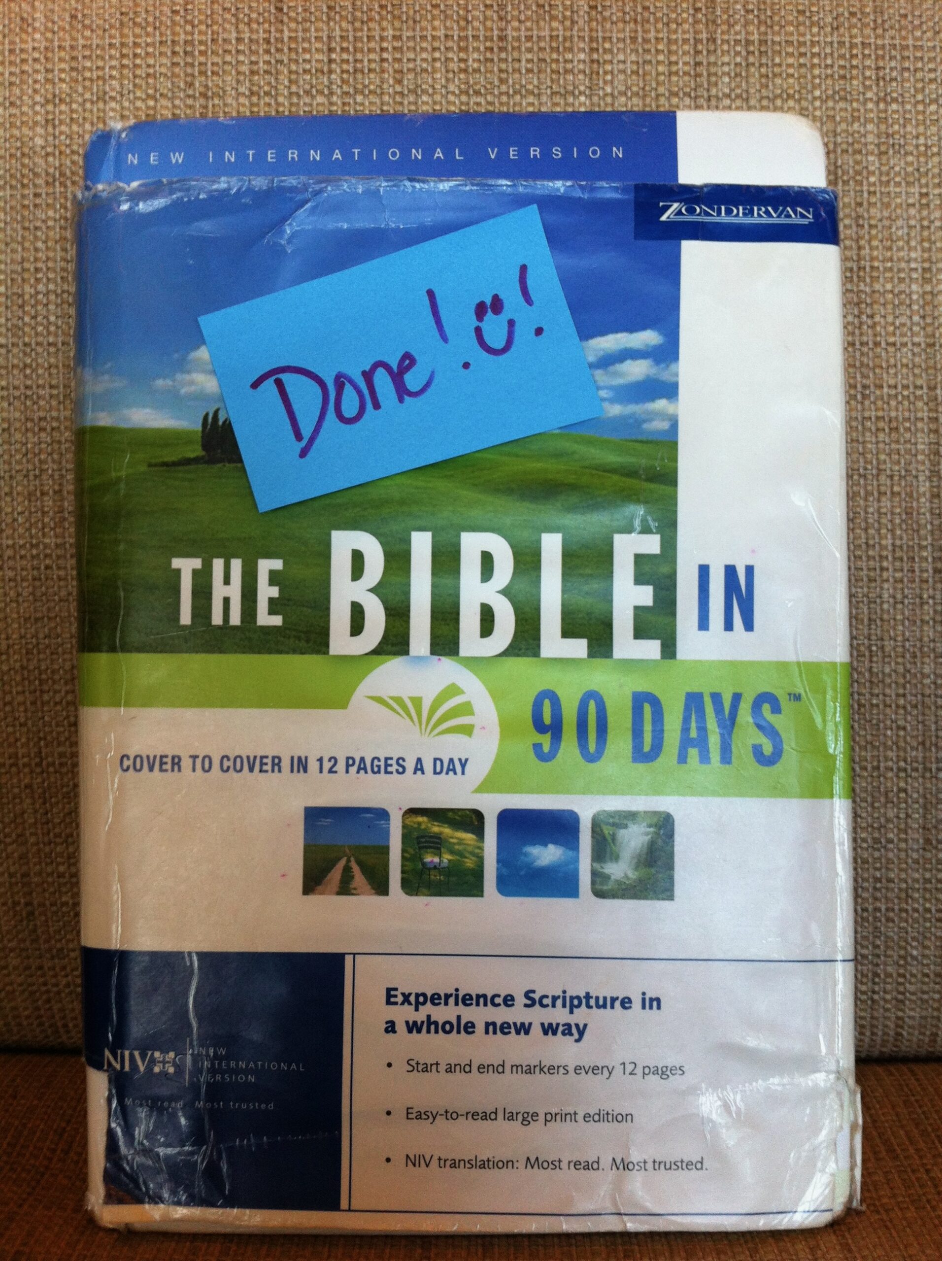 Amy's Bible with a Done sticky note